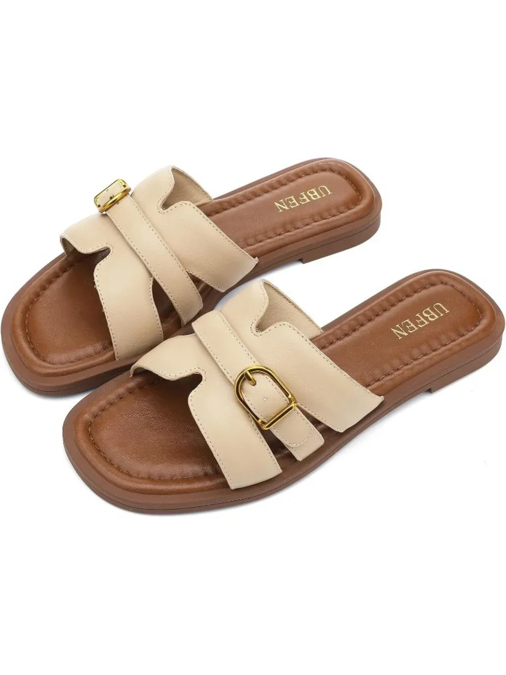 Women's Cream Square Toe Flat Sandals Slides Dressy Comfortable for Beach